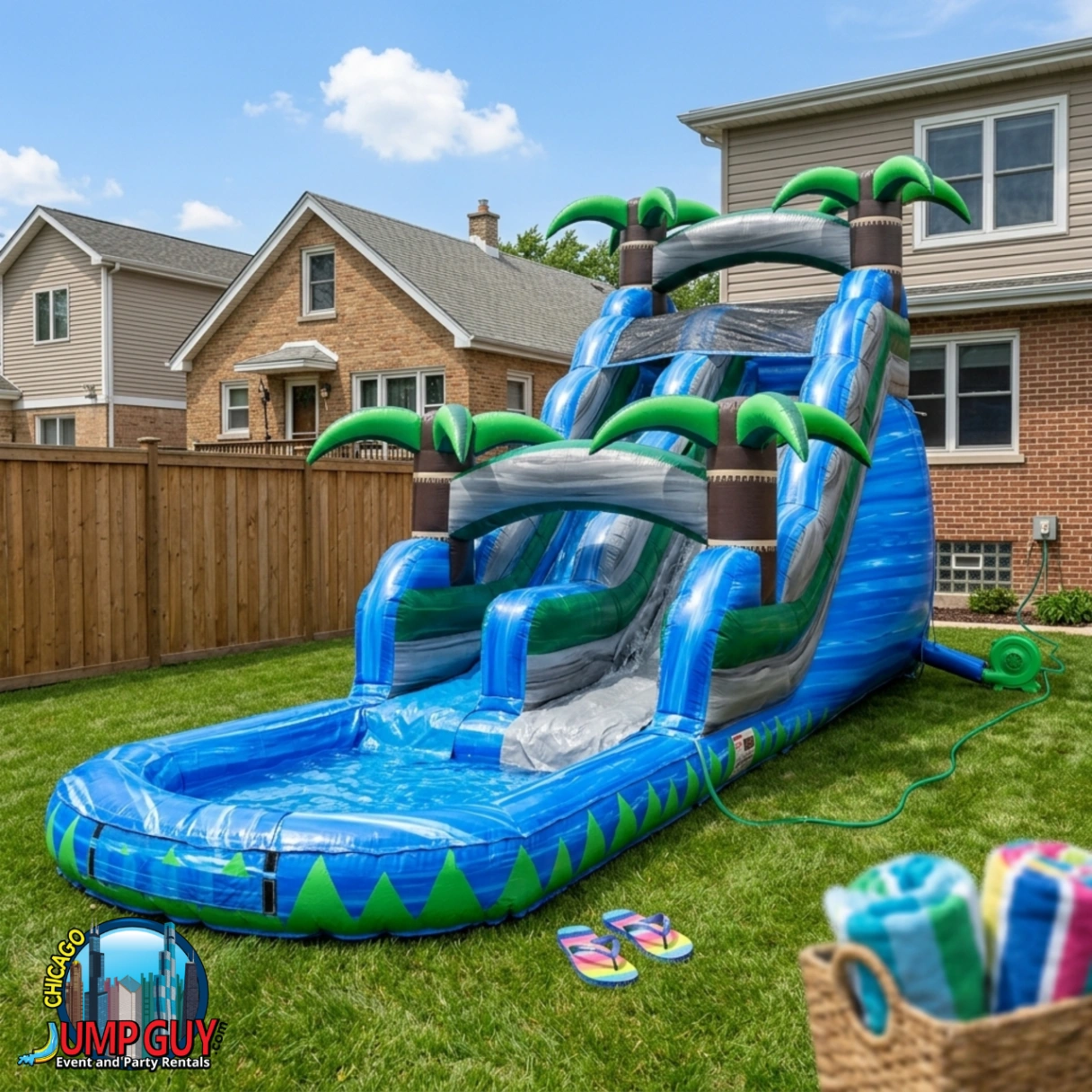 20-foot Blue Crush single lane inflatable water slide rental for Glencoe IL residential backyard events in 60022