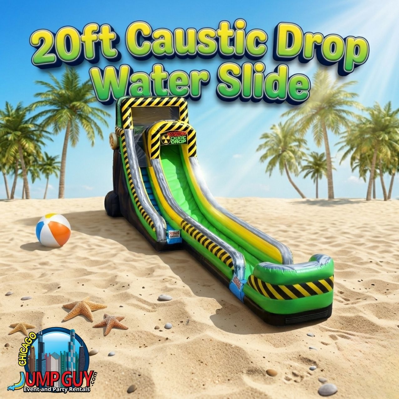 20-foot Caustic Drop water slide with foam machine rental for Glencoe IL block parties and premium summer events in 60022
