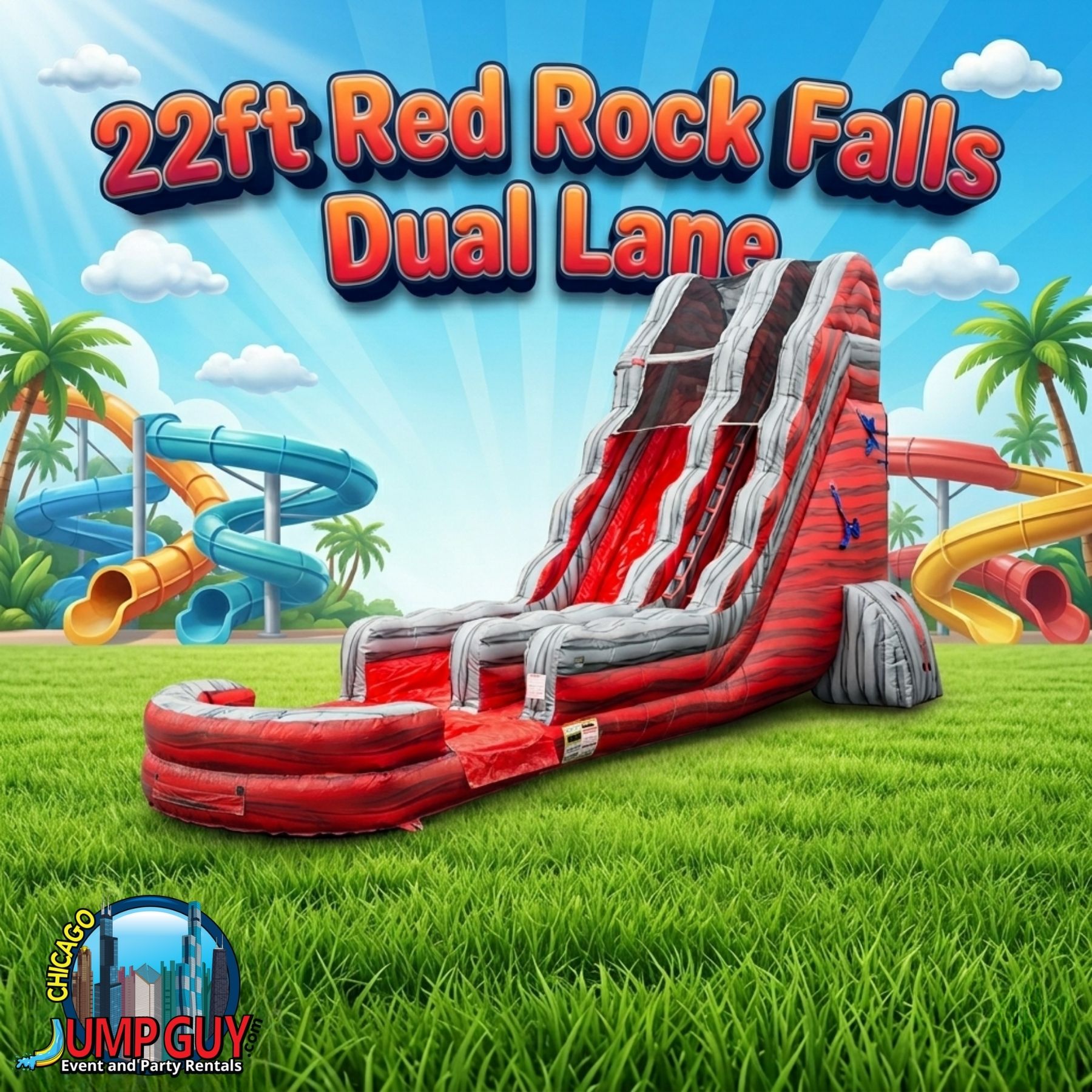 22-foot Red Rock Falls dual lane inflatable water slide rental for Glencoe IL park district events and graduation parties