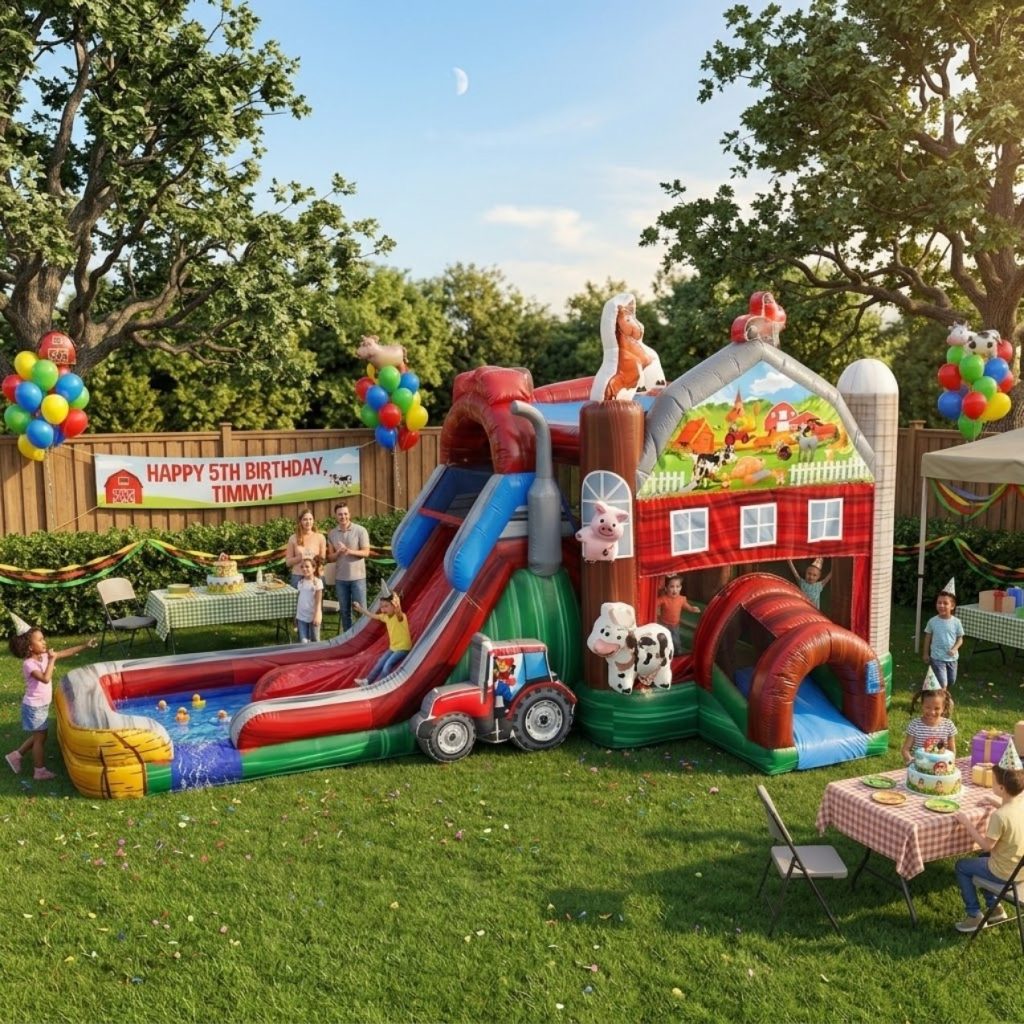 Barnyard Farm bounce house and slide combo wet configuration rental for Glencoe IL summer events near Village Green and Hawthorn Court