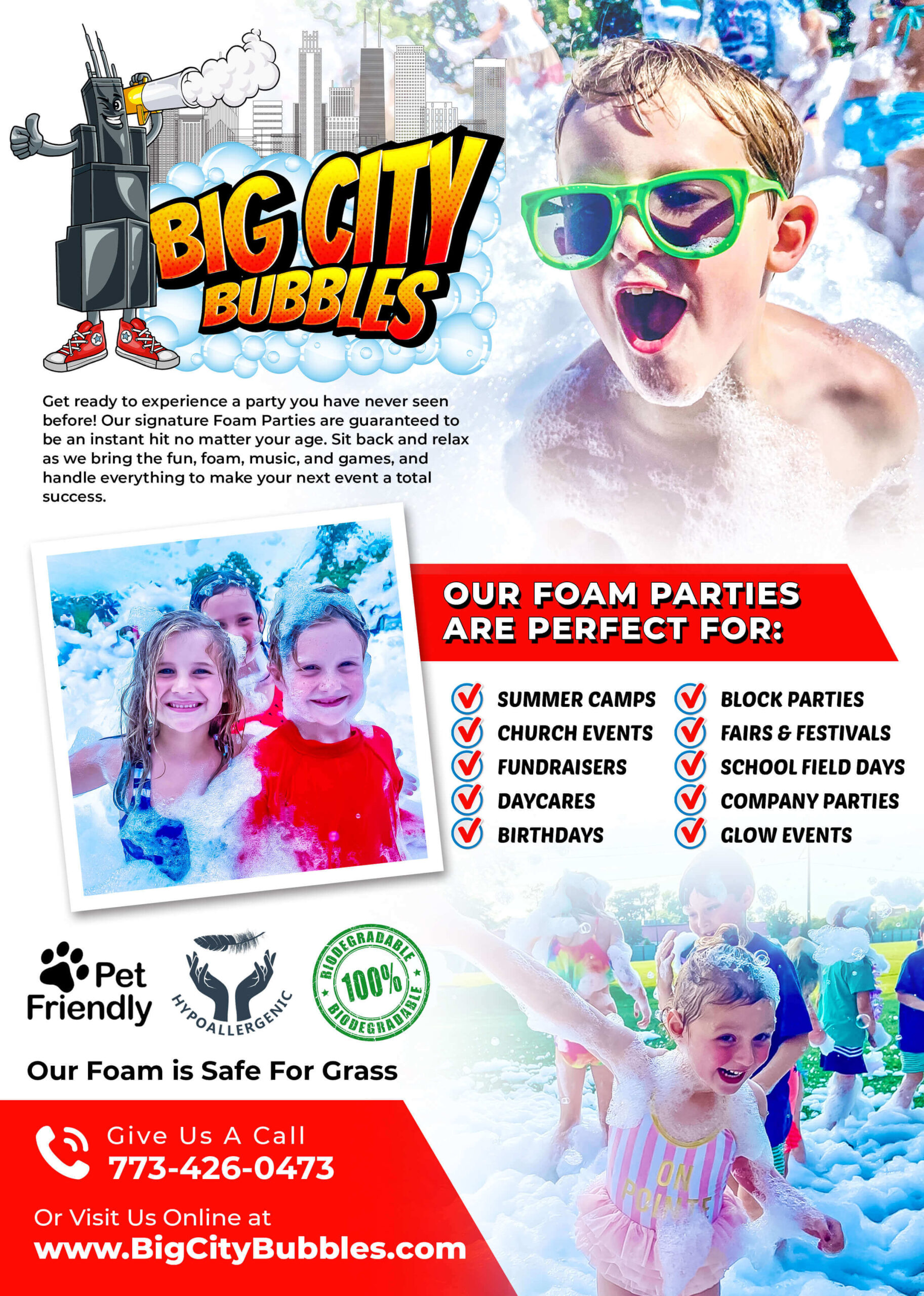 Big City Bubbles foam party rental promotional image for Glencoe IL events showing foam machines and party setup
