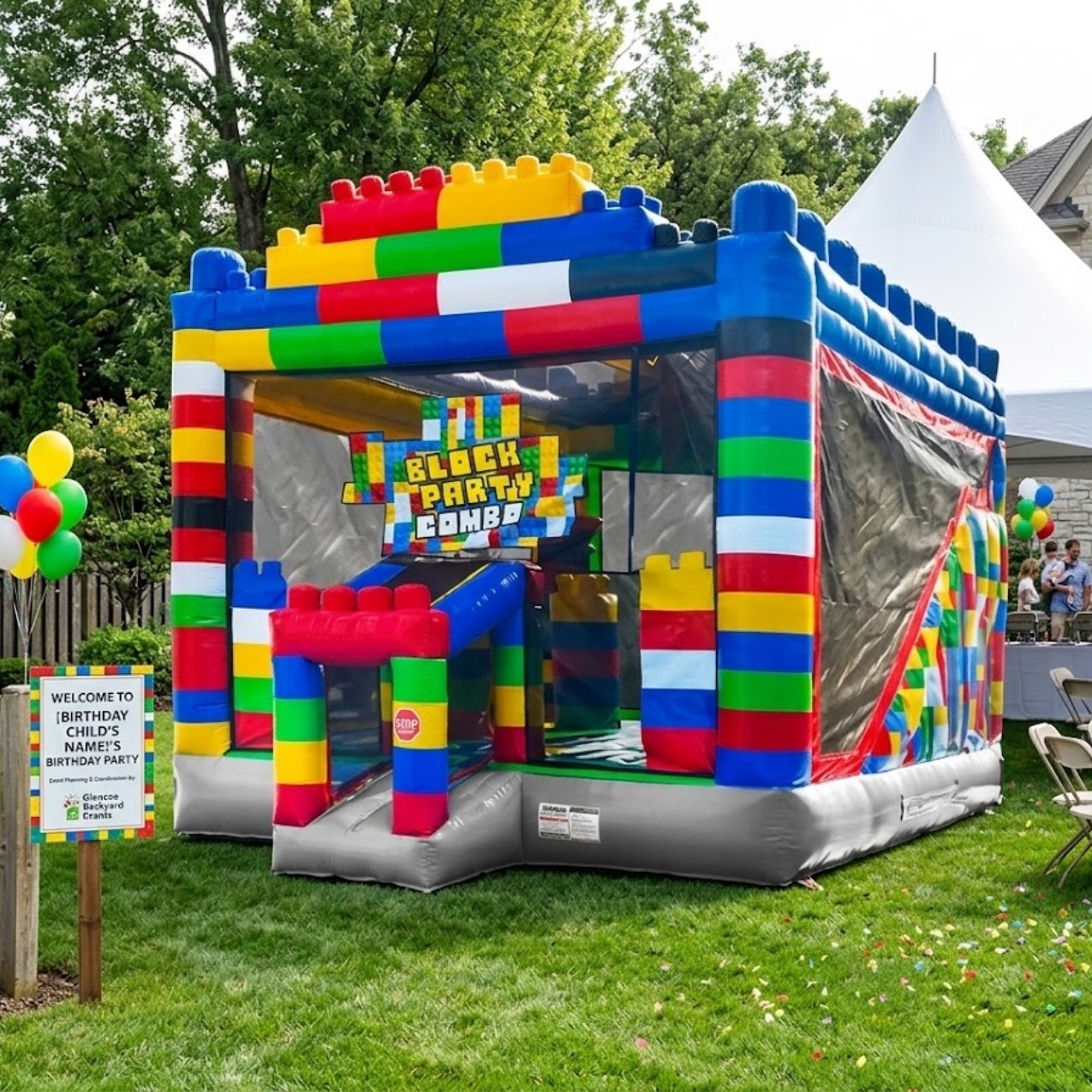 Block Party bounce house and slide combo inflatable rental for Glencoe IL backyard events near the Village Green