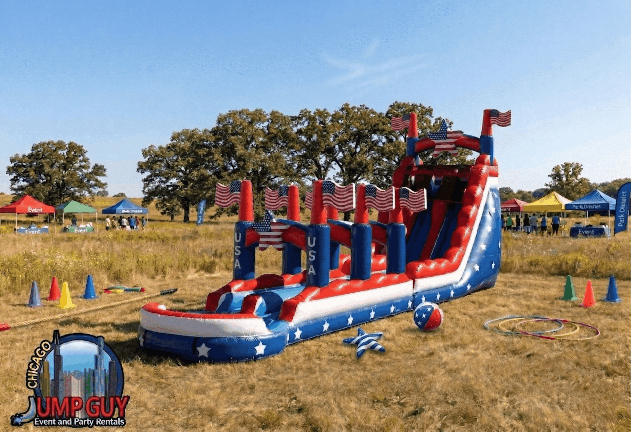 Dual lane racing inflatable water slide rental for Glencoe IL park district events and graduation celebrations near Green Bay Road