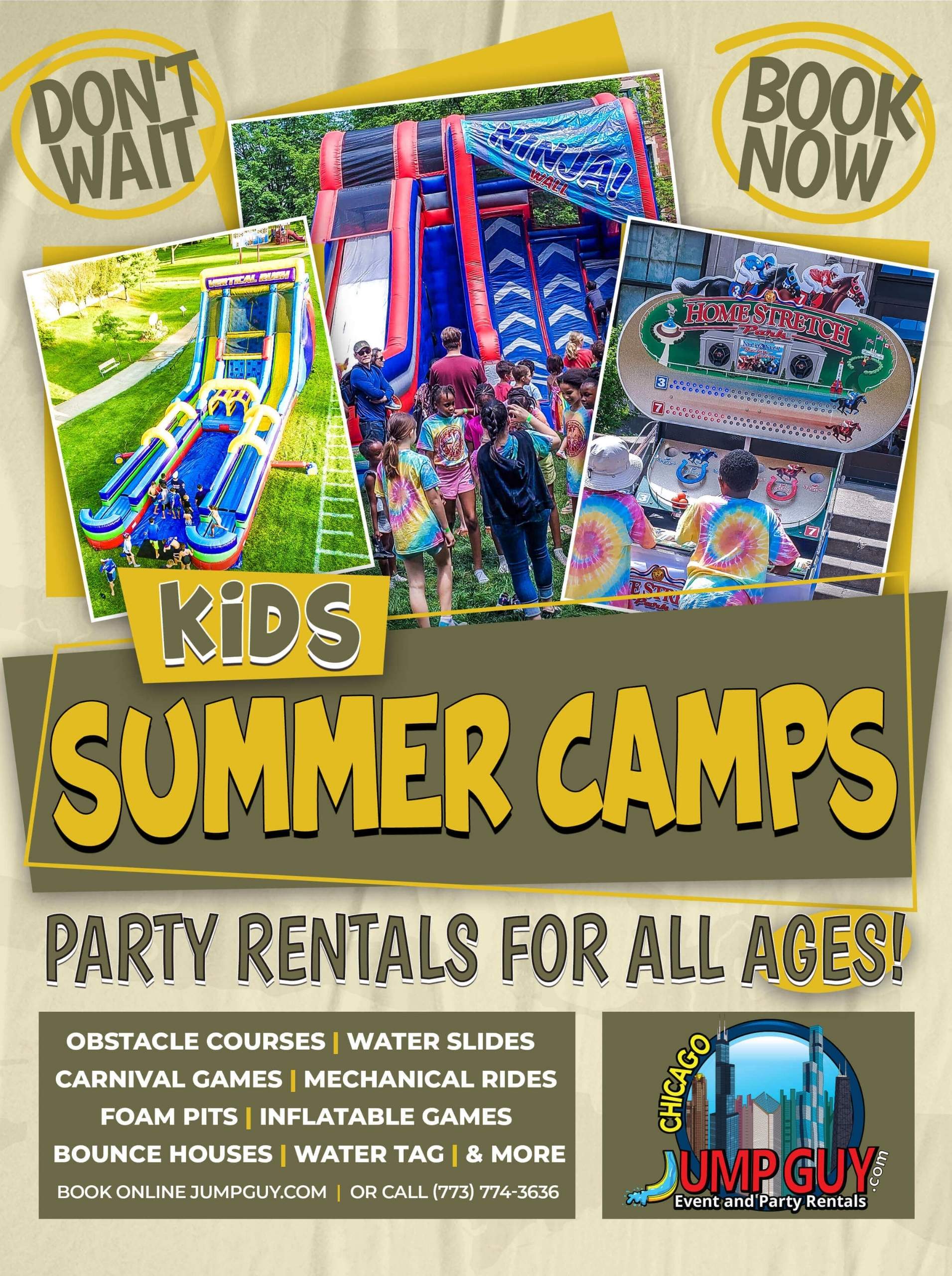 Jump Guy party rentals for all ages promotional banner for Glencoe IL showing kids summer camps obstacle courses bounce houses and water slides
