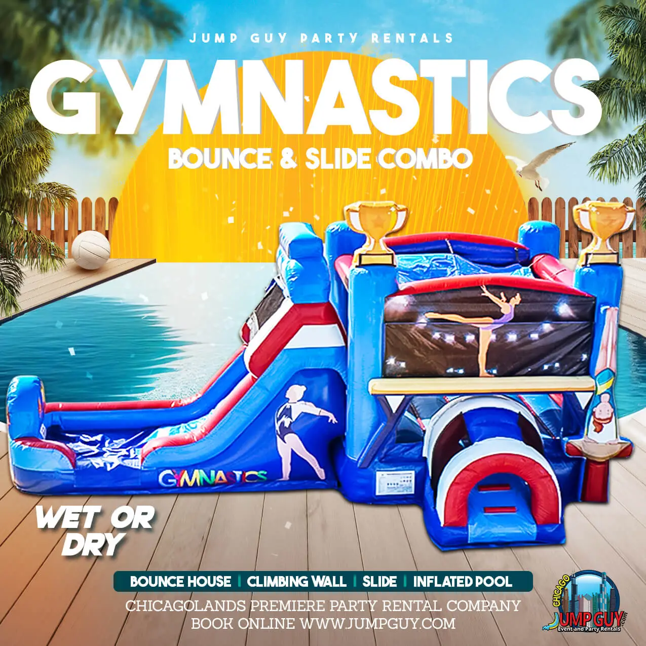 Gymnastics bounce house and slide combo wet or dry inflatable rental for Glencoe IL park district events near Maple Hill Road
