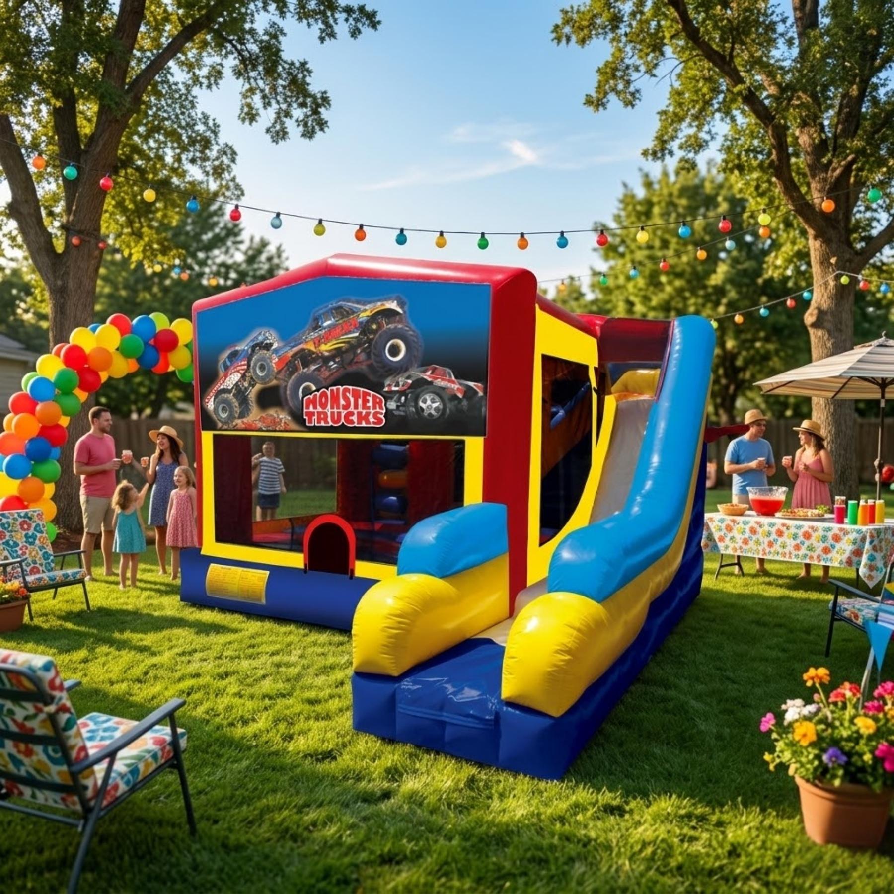 Monster Truck full monster truck theme bounce house rental for Glencoe IL community events near Watts Ice Arena and Maple Hill Road