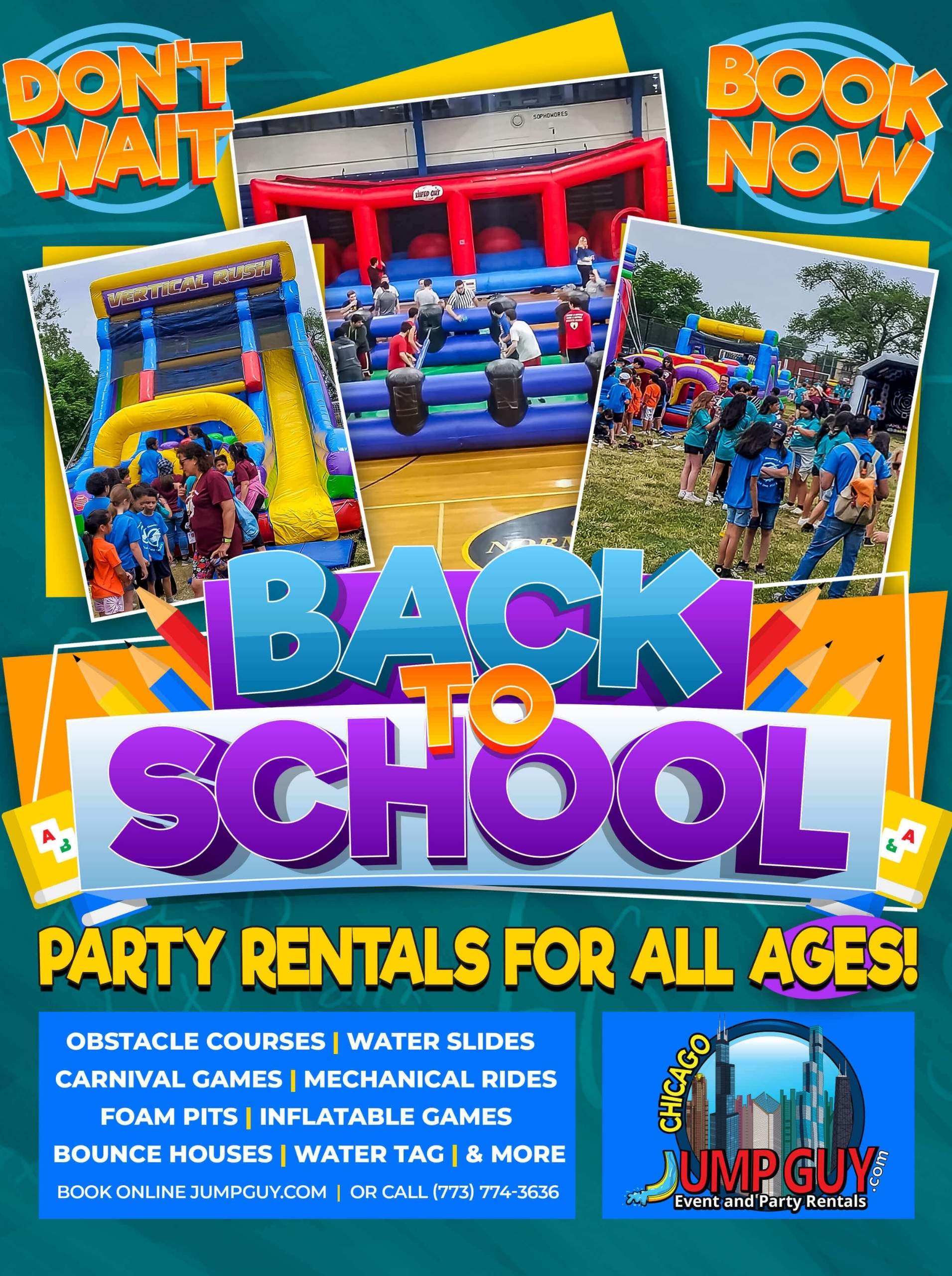 Back to School party rentals hero banner for Glencoe IL events in ZIP code 60022 with bounce houses water slides and tent rentals