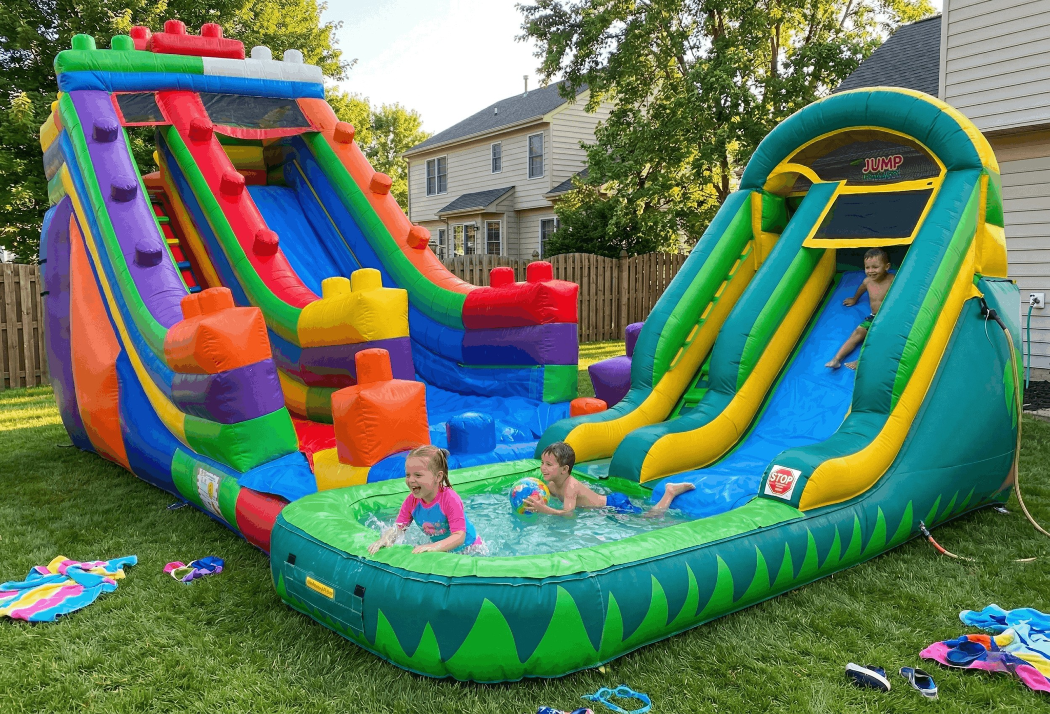 Single lane inflatable water slide rentals for Glencoe IL residential backyards in 60022 from estates east of Green Bay Road to village grid lots