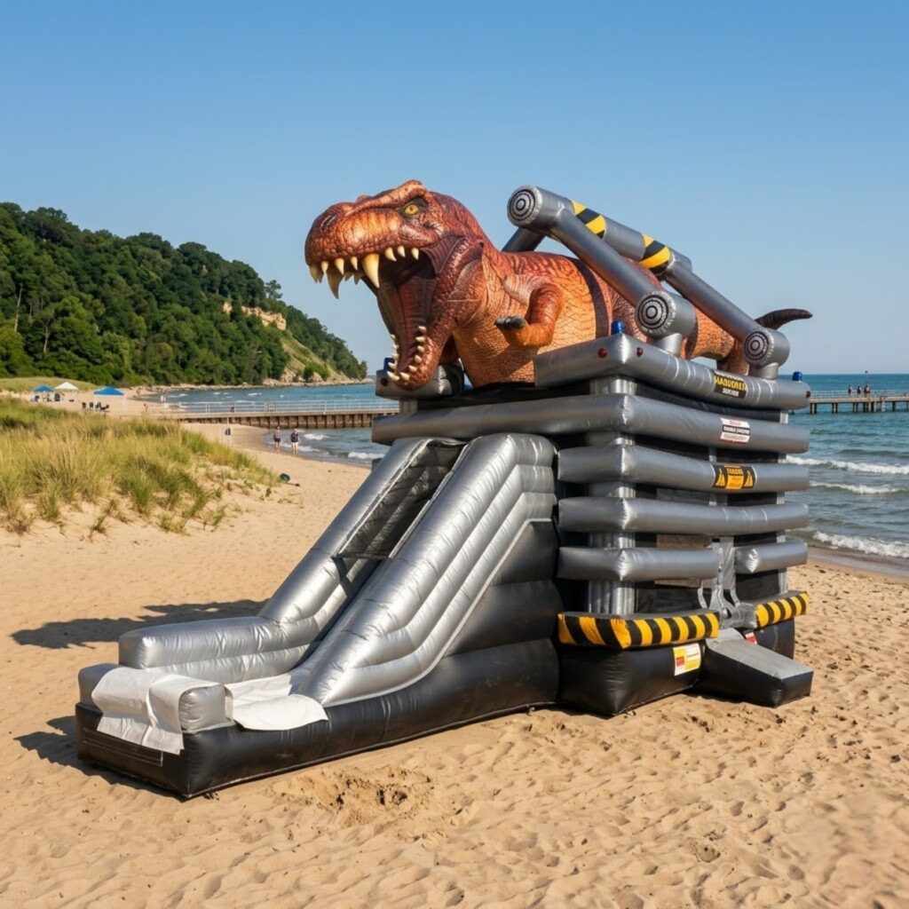 T-Rex Dinosaur bounce house and slide combo dry configuration rental for Glencoe IL school events and birthday parties near Metra rail line