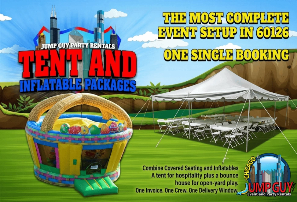 Tent and inflatable event packages combining tent rentals with bounce houses and water slides for Glencoe IL events in 60022