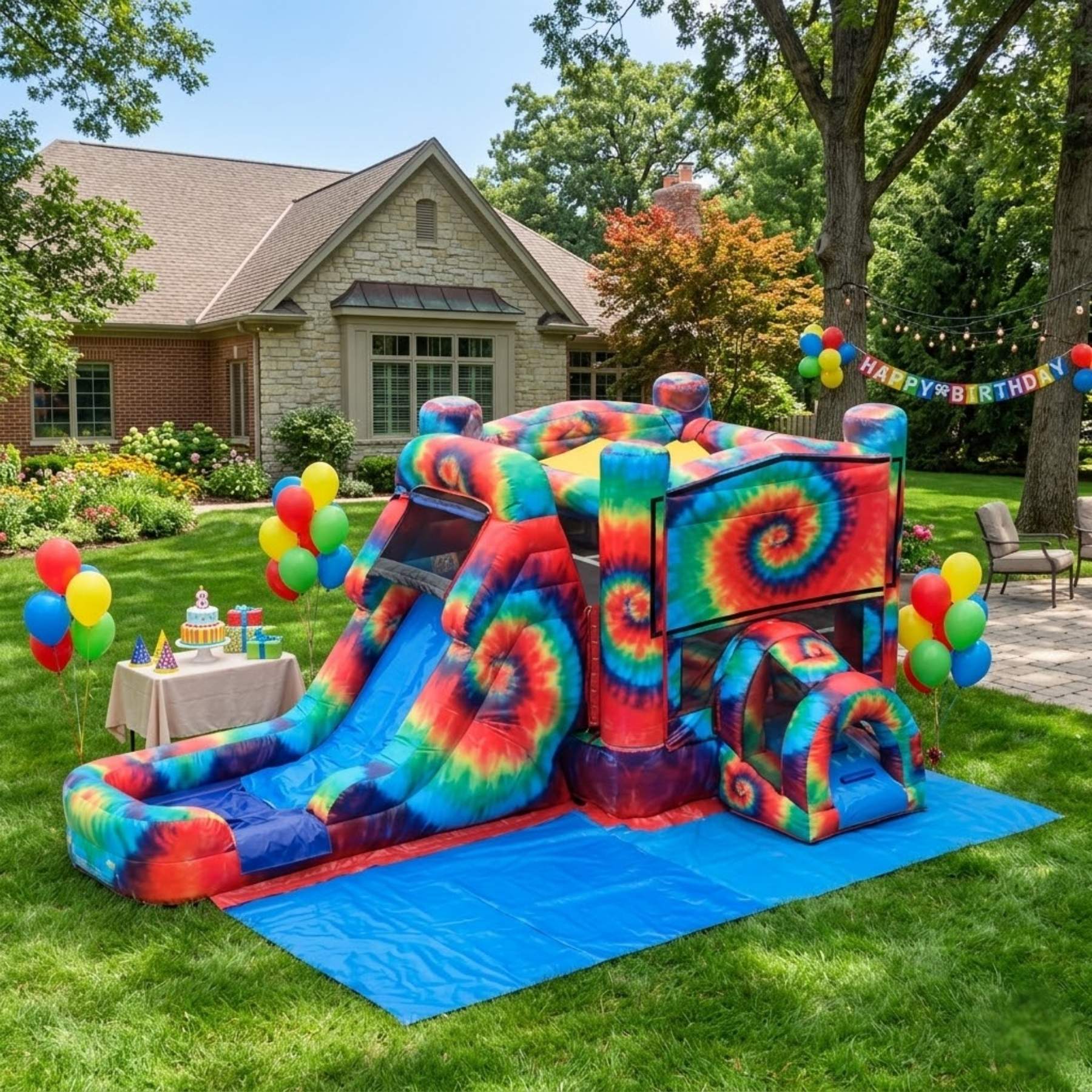 Tie Dye bounce house and slide combo wet configuration inflatable rental for Glencoe IL summer birthday parties near Village Green