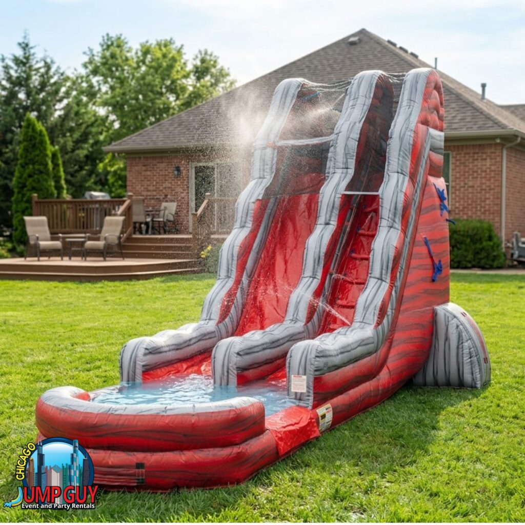 Water slide rentals what we offer category card for Glencoe IL showing single and dual lane towers for 60022 summer events